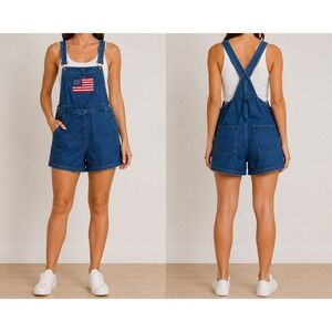 Agapo Blue Jean Overall Shorts American Flag Embroidery Loose Fit Women Sz Large